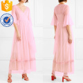 Pink Ruffle V-Neck Bead-Embellished Tulle Wrap Maxi Summer Dress Manufacture Wholesale Fashion Women Apparel (TA0328D)